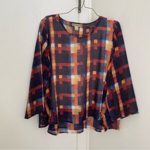 Academia Folklore Orange Blue Plaid Tartan Top Sheer Sleeves Flounce Layered Hem